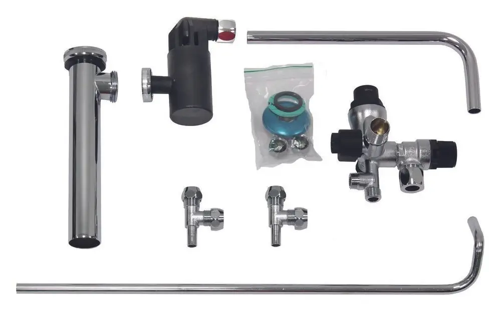 Vaillant Sicherheitsgruppe mit verschiedenen Verbindungsstücken, Ventil und Zubehör zur Druckregelung im Heizungsbereich, geeignet für Anwendungen bis 6 bar.